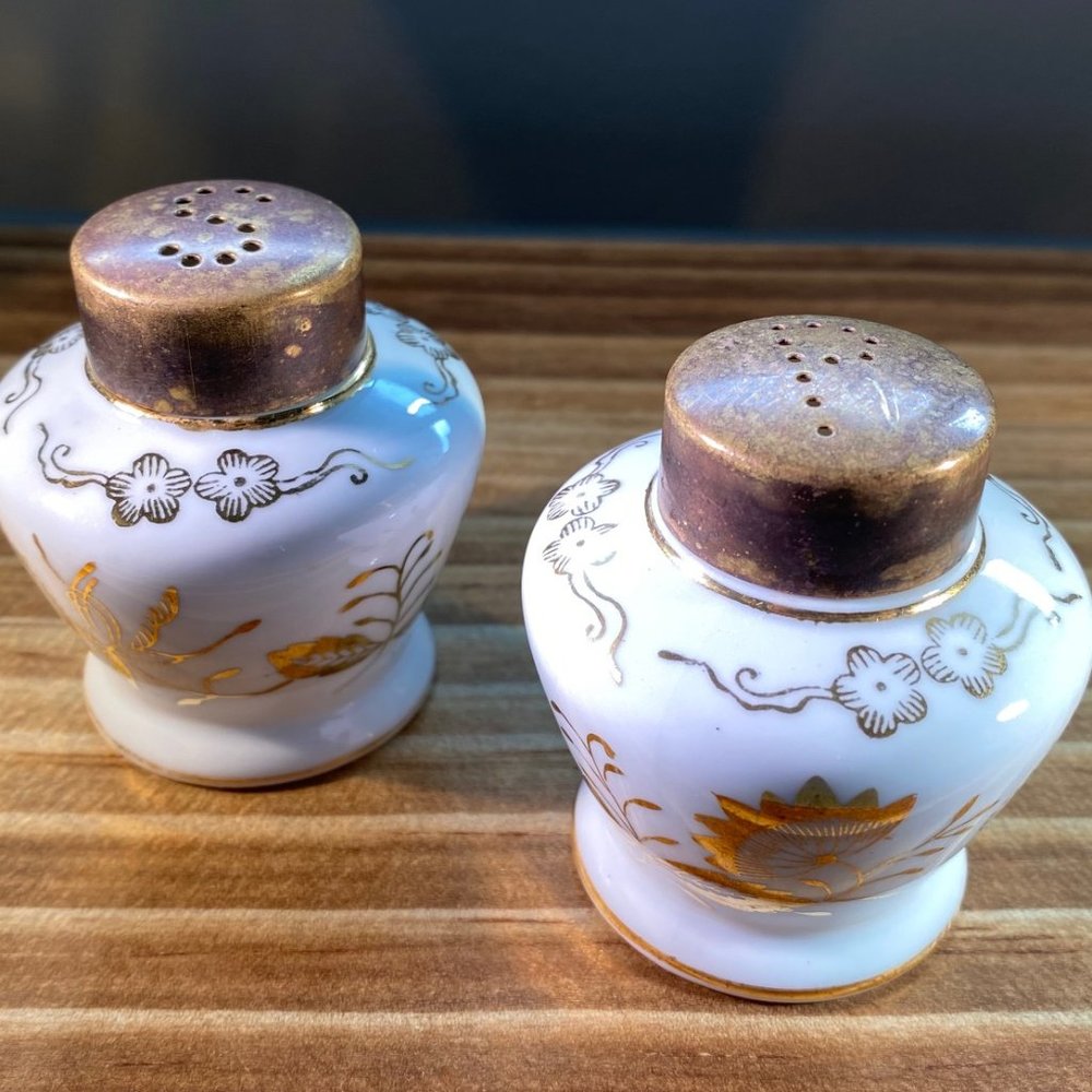 Vintage Irice Japan Porcelain Salt & Pepper Shakers-Hand Painted w/Brass Caps